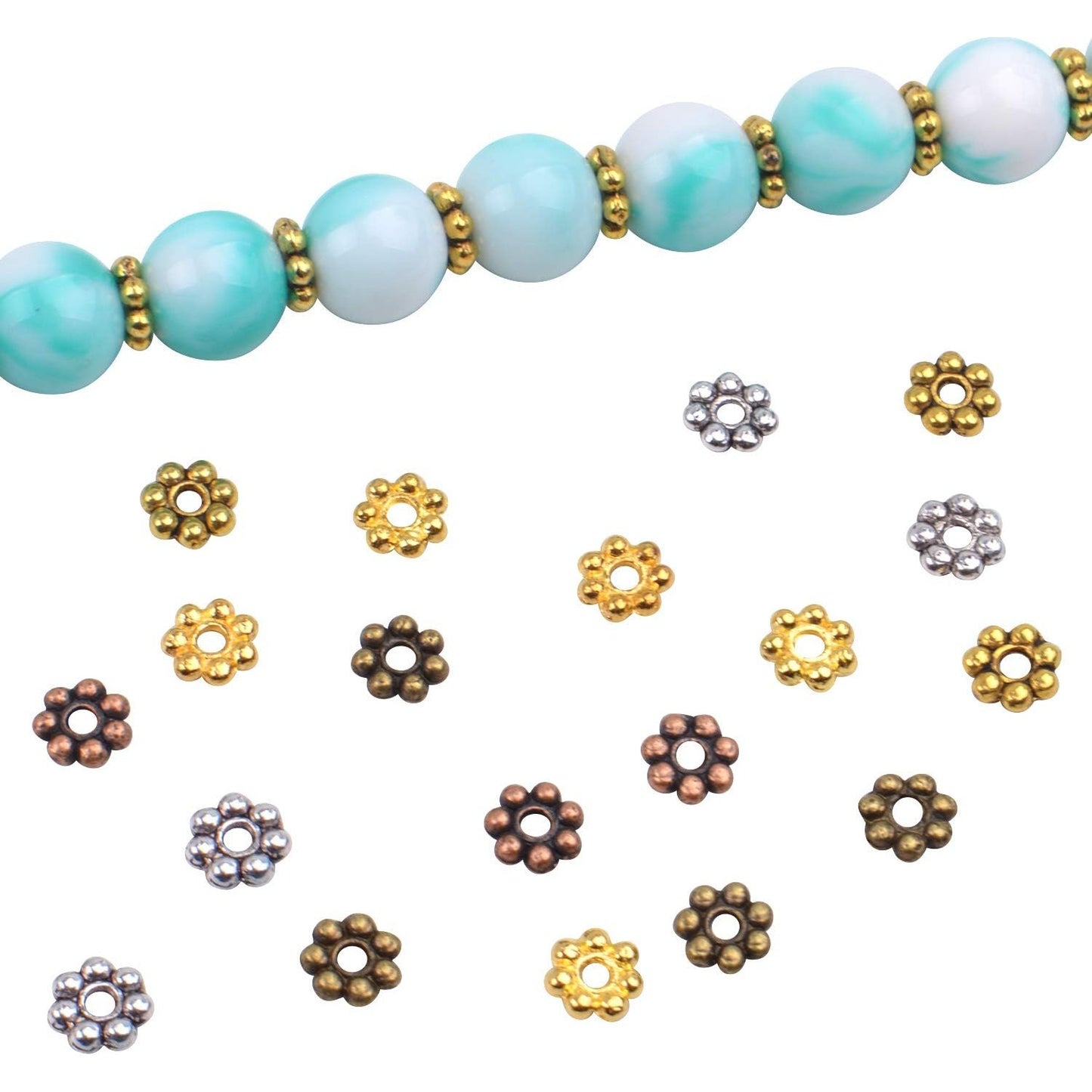 BronaGrand 500pcs Metal Daisy Spacer Beads 5mm for DIY Jewelry Making (5 Colors)
