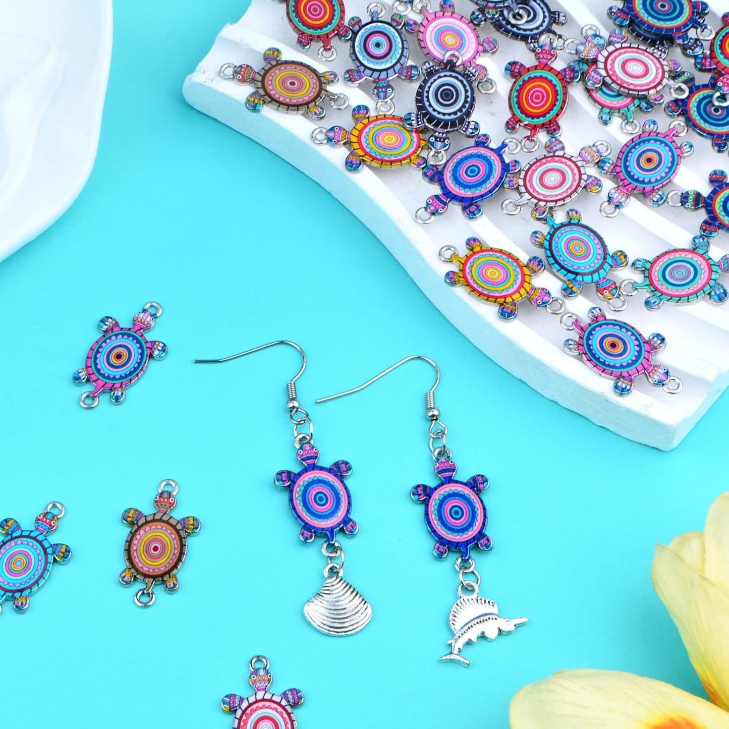 36pcs Colorful Ocean Animal Sea Turtle Charm Connectors Alloy Sea Life Tortoise Shape Pendants with Double Holes for DIY Necklace Bracelet Crafts Jewelry Making