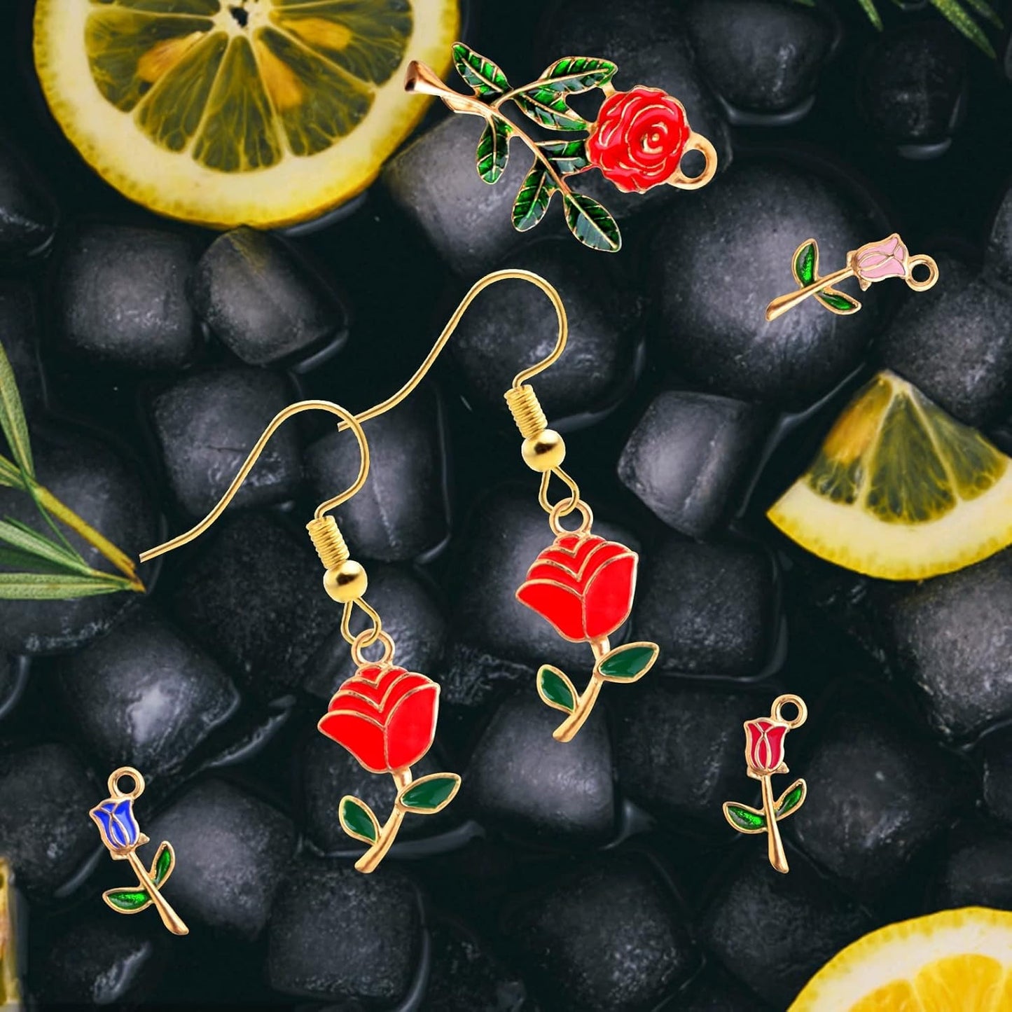 35pcs Multi-colored Enamel Rose Flower Charms Golden Plated Alloy Mini Flower Dangle Pendants for DIY Necklace Bracelet Earrings Jewelry Making Findings, 3 Styles