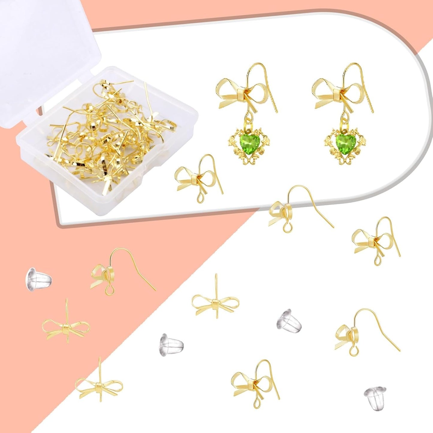 1 Box of 20pcs Bowknot Earring Hooks with Hole 14K Golden Plated Alloy Bow Dangle Earrings Findings and 20pcs Clear Earring Safety Backs for Women DIY Crafts Jewelry Making Supplies
