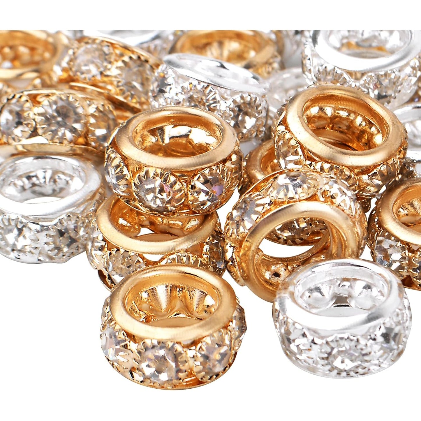 Large Hole Spacer Beads, 40pcs 12 mm Crystal Rhinestone European Beads Brass Rondelle Charm Spacers Loose Beads Crafts Supplies for DIY Snake Chain Bracelets Jewelry Making, Gold, Silver