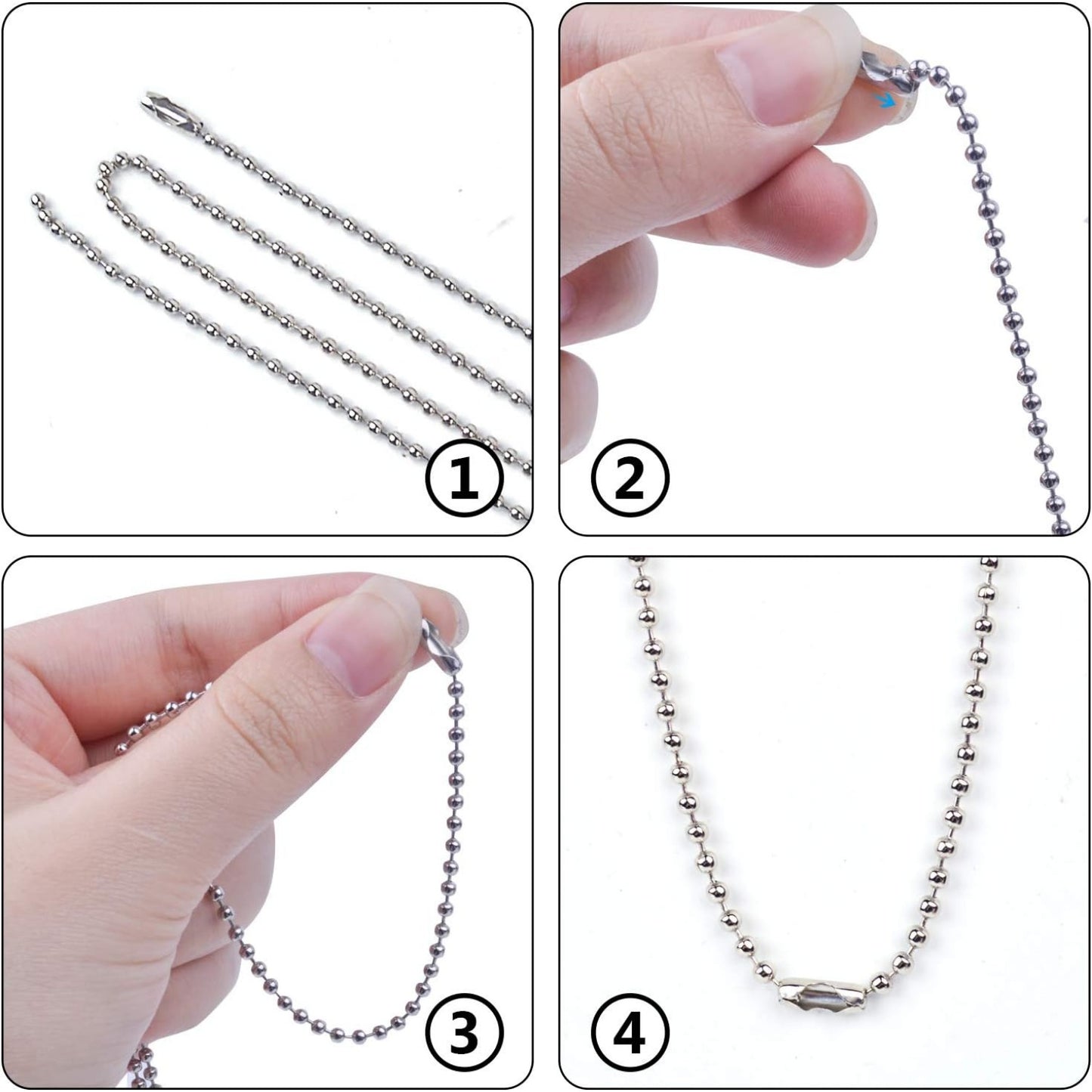 10pcs 1m Length Nickel Beaded 2.4mm Ball Bead Chain Necklaces Pull Chain Extension With 50pcs Connector