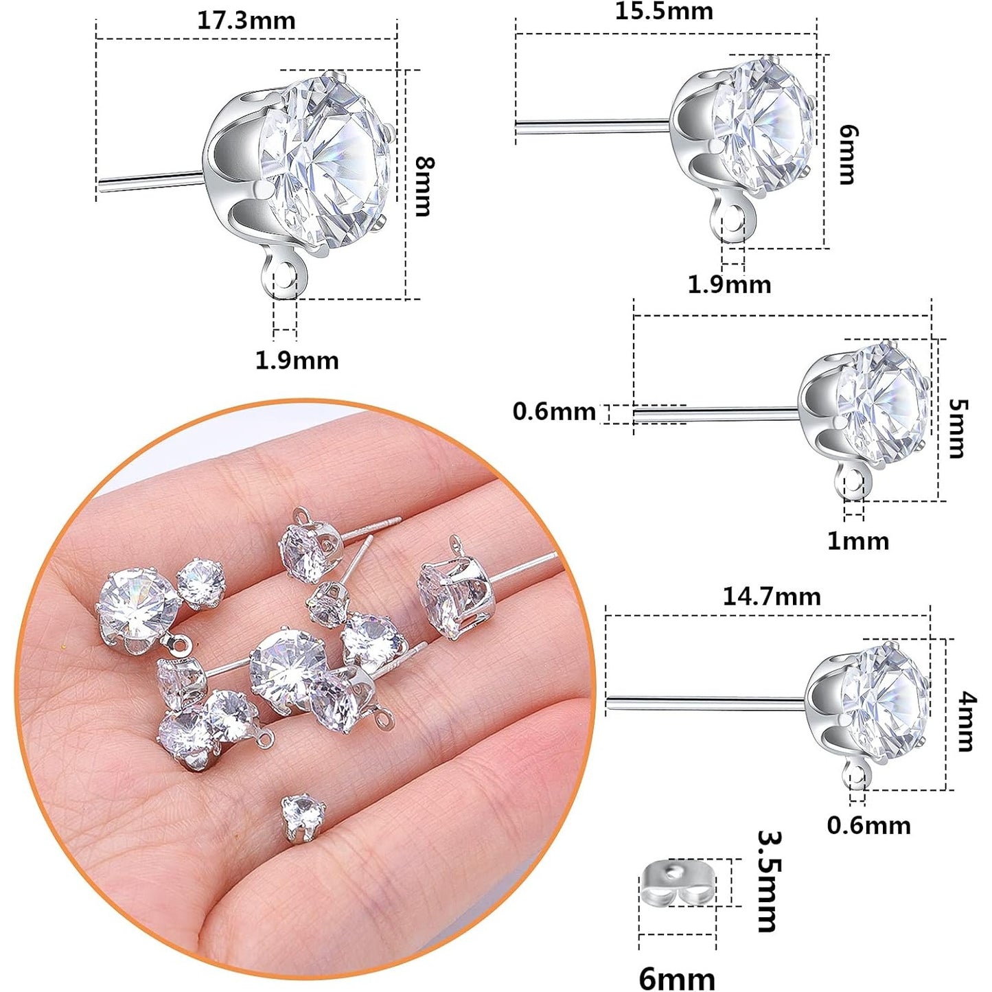 40pcs 925 Sterling Silver Cubic Zirconia Earring Studs Round Diamond Stud Earrings with Loop and 40pcs Butterfly Earring Backs for Women Men DIY Jewelry Making, 4mm/5mm/6mm/8mm