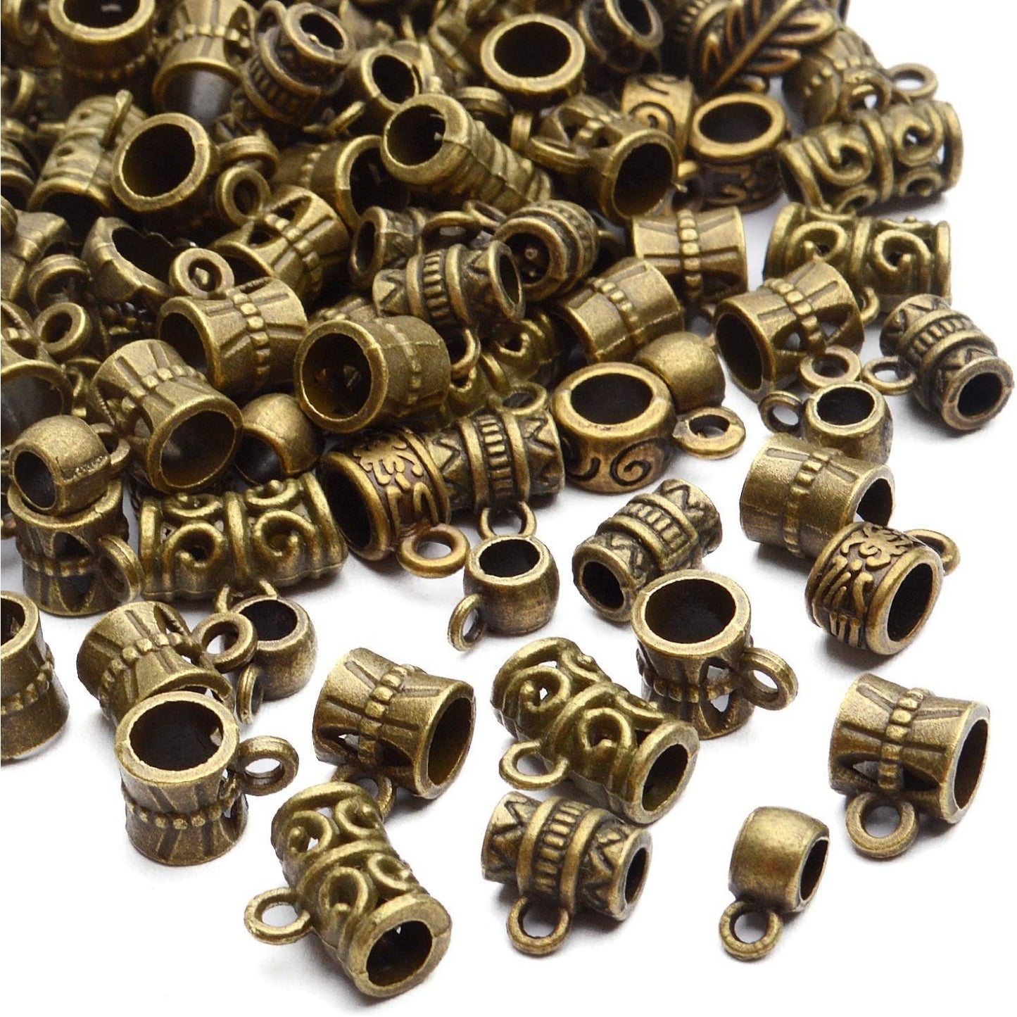 Tibetan Mixed Bail Beads Connectors - 100 Gram Metal Tube Bail Beads & Spacer Hanger Links for European Charm Jewelry Making, Antique Bronze