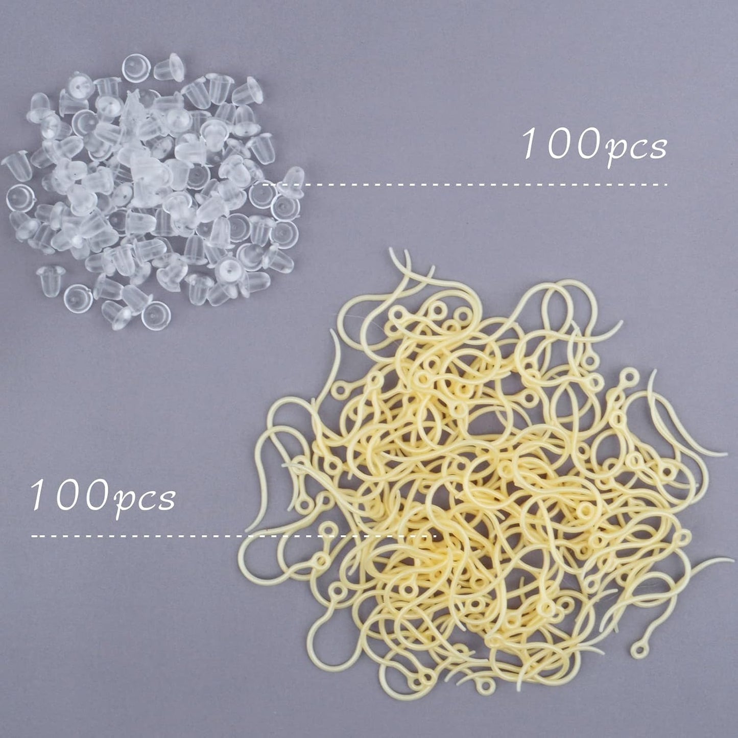 100pcs Golden Plastic Earring Hooks Fish Hooks with Loop and 100pcs Clear Bullet Earring Stoppers for DIY Jewelry Making Party Gifts Crafts Decor
