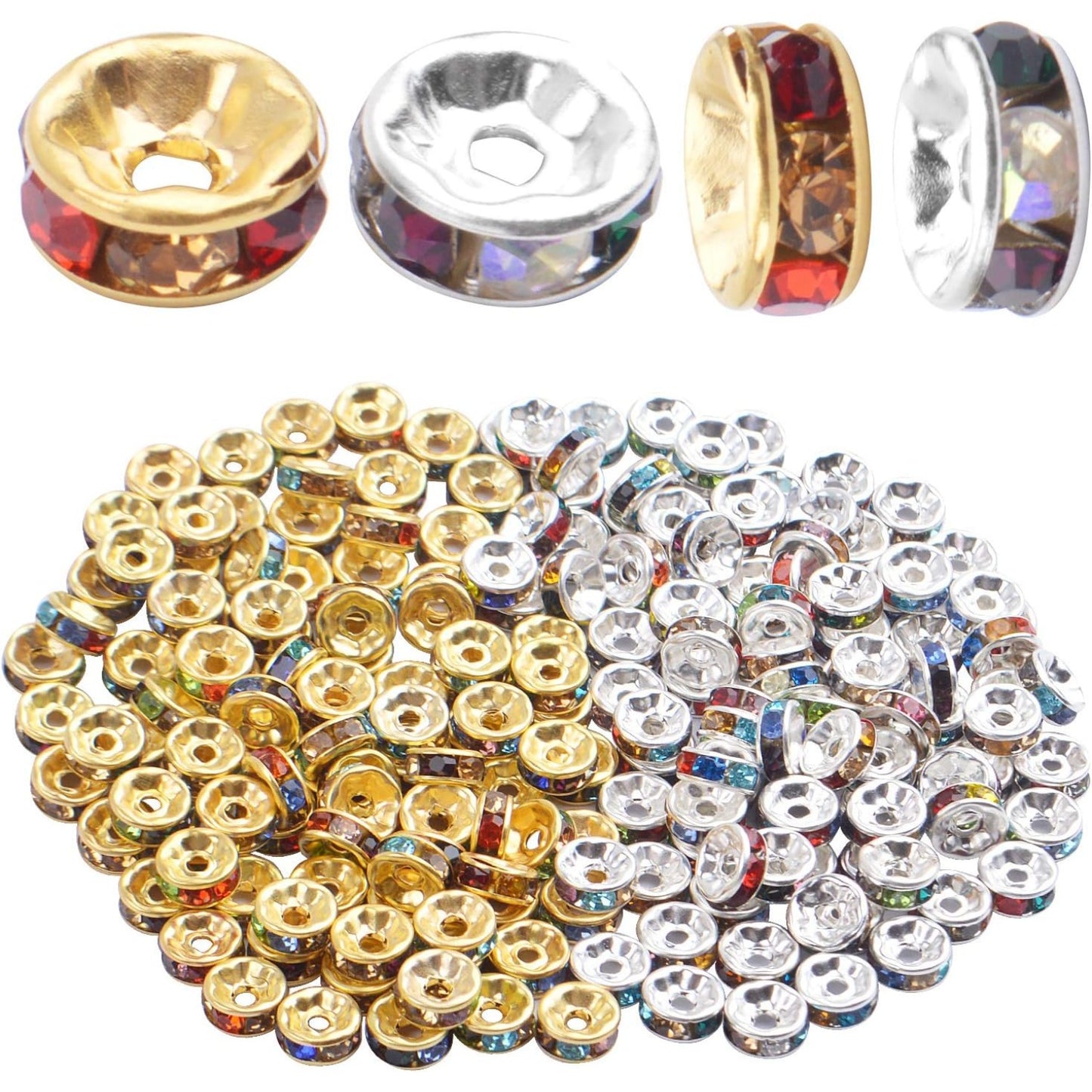 200pcs 8mm Multicolor Rhinestone Spacer Beads Mixed Crystal Rondelle Beads for Bracelets Necklaces Jewelry Making,Gold & Silver