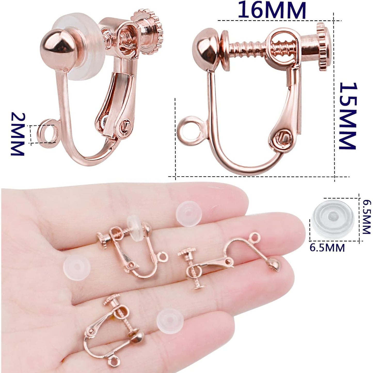 24pcs Clip-on Earring Converters Components Brass Screw Back Ear Wire Earring Findings with Loop and 24pcs Soft Earring Cushions for Non Pierced Ears, Rose Golden
