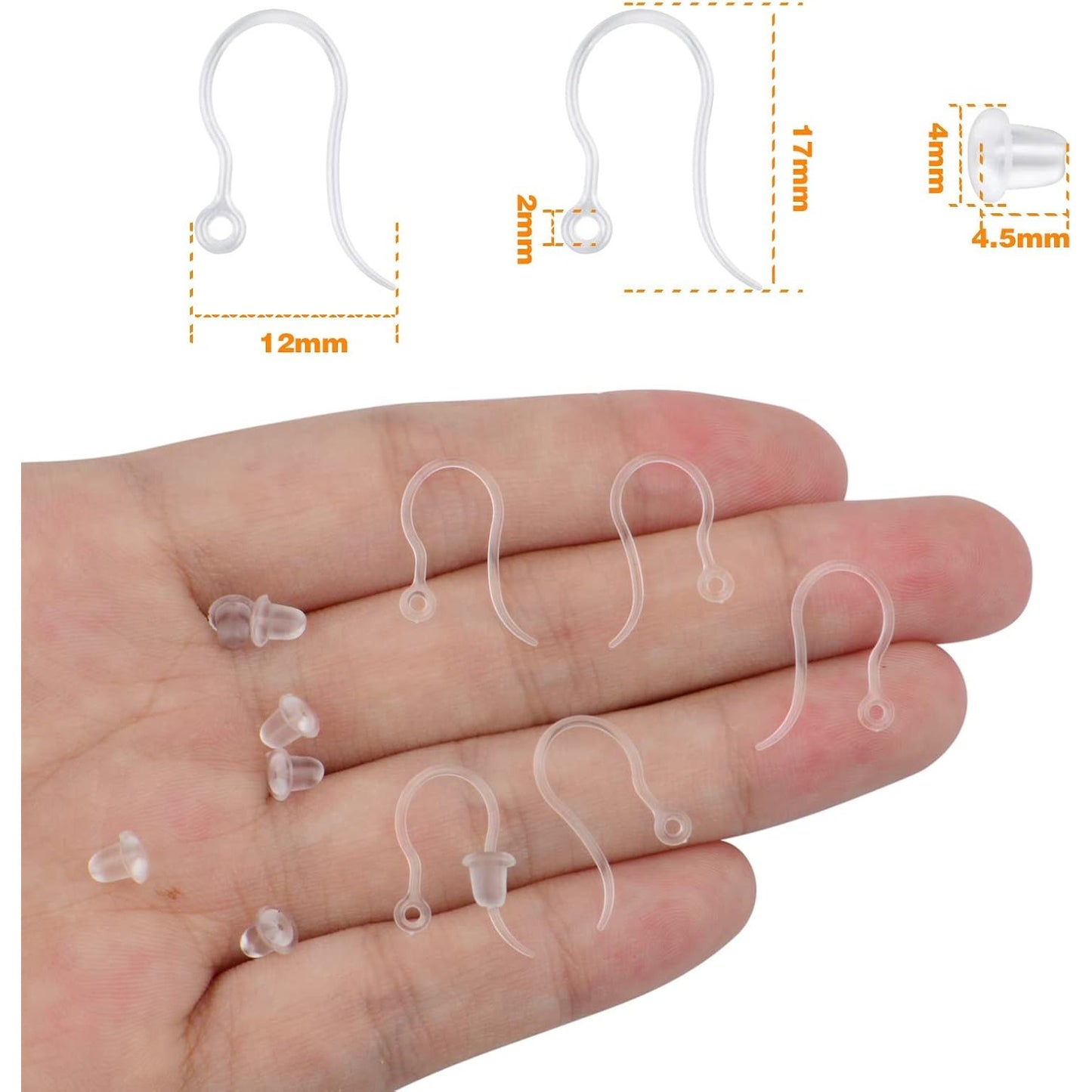100pcs Clear Plastic Earring Hooks Ear Wire with Loop French Fish Hooks and 100pcs Transparent Earring Stoppers for DIY Earrings Jewelry Making Craft Decoration