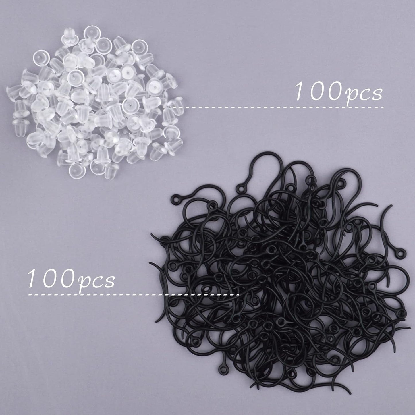 100pcs Black Plastic Earring Hooks French Earwire Fish Hooks with Loop and 100pcs Clear Earring Safety Backs for Women DIY Earrings Jewelry Making