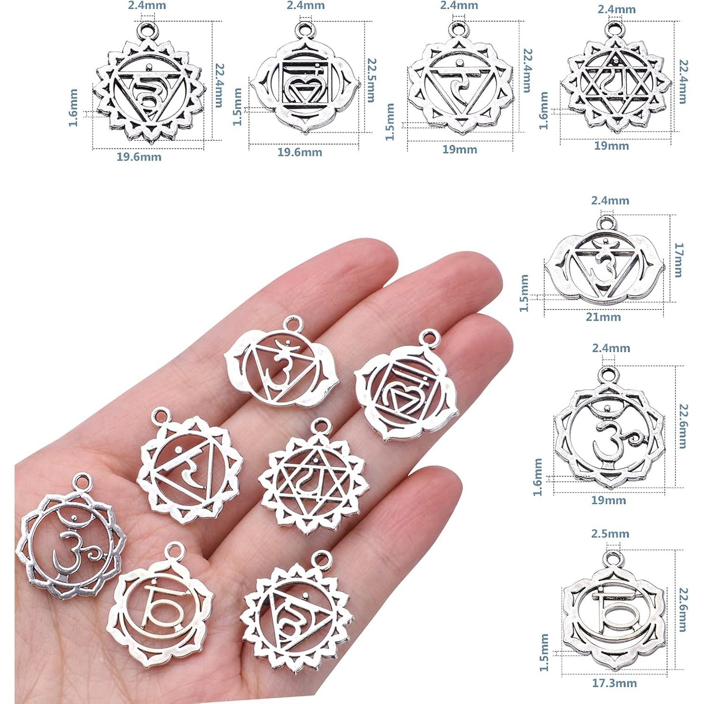 56pcs 7 Styles Chakra Charms Alloy Yoga OM OHM Flower Pendants Charms Jewelry Findings Accessory for DIY Necklace Bracelet Earrings Craft Supplies, Antique Silver