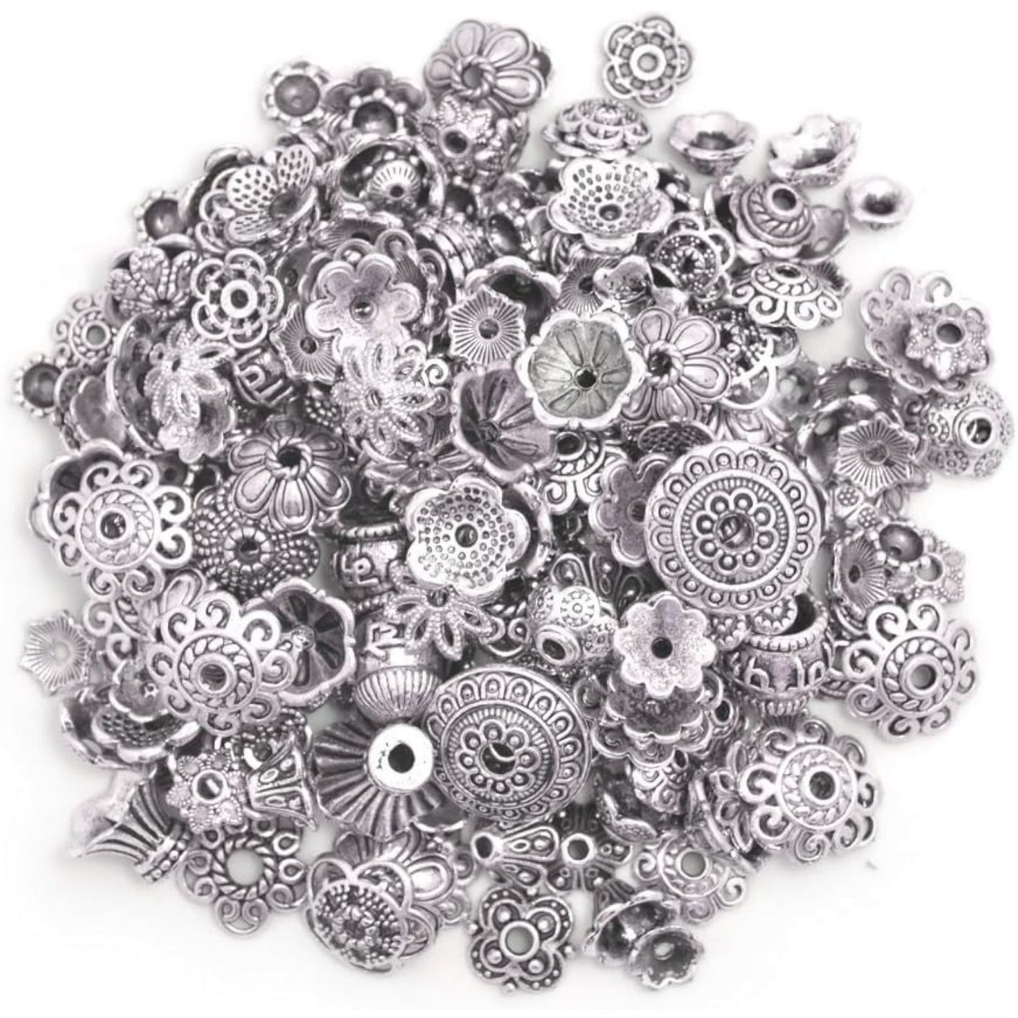 160-210pcs Bali Style Jewelry Making Metal Bead Caps Deluxe New Mix, 100 Gram,Tibetan Silver