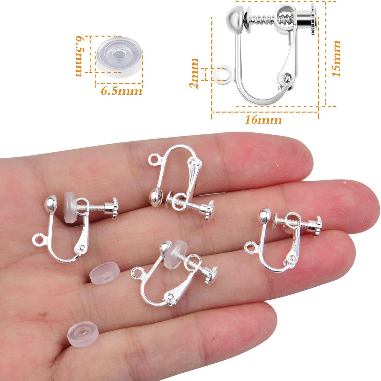 24pcs Clip-on Earring Converters Brass Screw Back Earwire Non Pierced Earring Components with Loop and 24pcs Anti-Pain Ear Pads for DIY Jewelry Making, Bright Silver