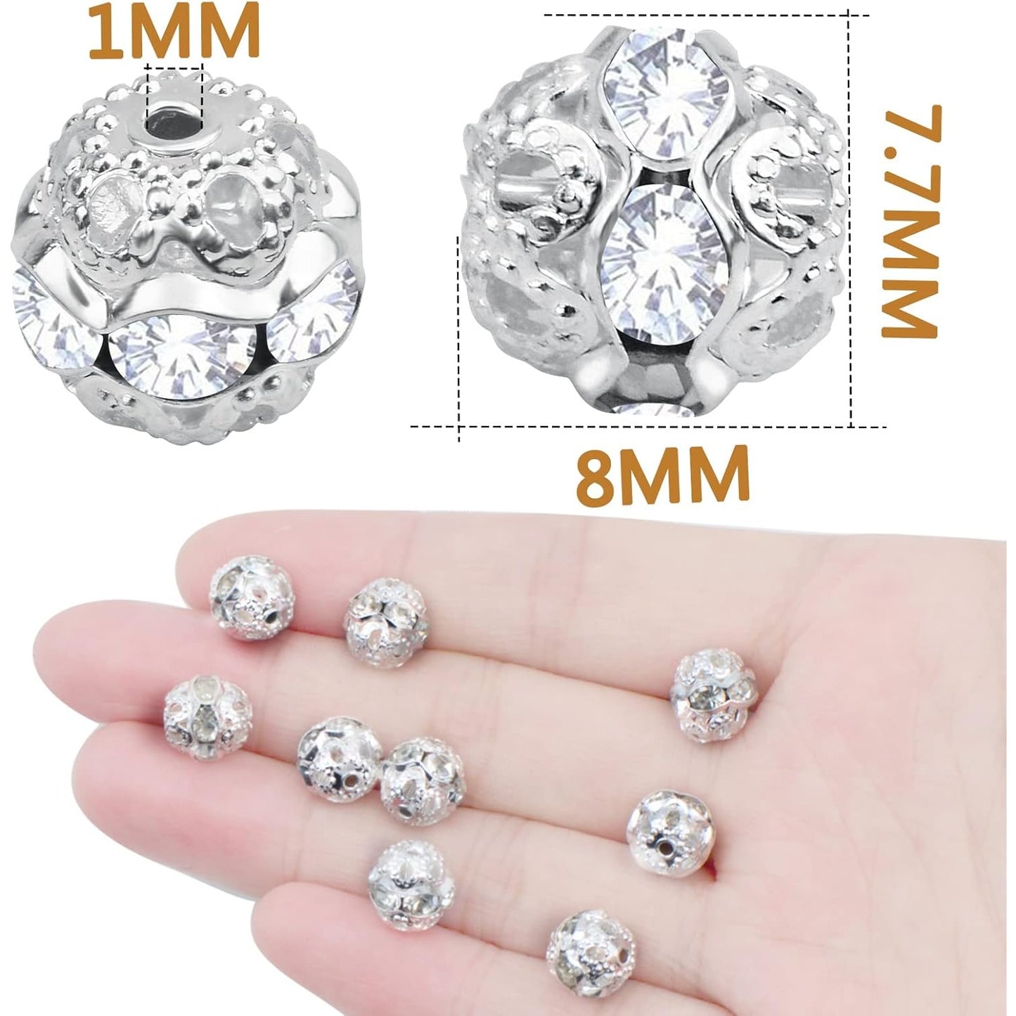 100pcs 8 mm Silver Crystal Rhinestone Ball Spacer Beads Round Ball Disco Rondelle Loose Spacer Beads Jewelry Findings Accessories for DIY Necklace Bracelet Handmade Decor