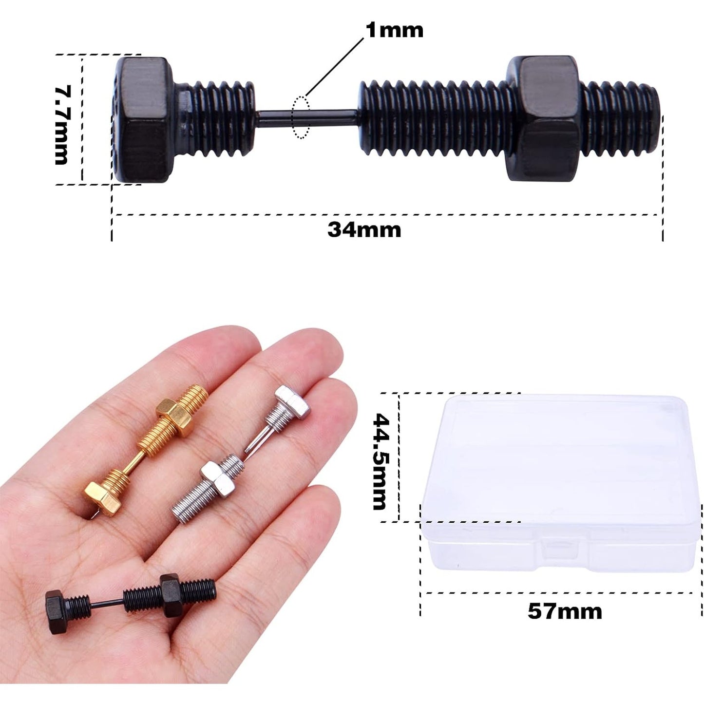 3 Pairs Stainless Steel Punk Style Earrings Cool Screw on Earring Studs Backs Piercing Jewelry with A Plastic Box for Men Women Earring Backs, 3 Colors, 34 mm x 7.7 mm