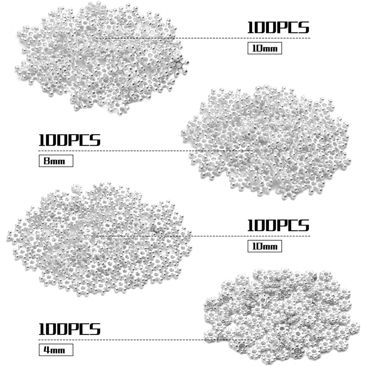 400pcs Snowflake Spacer Beads Daisy Jewelry Bead Charm Spacers Flat Metal Spacers for Bracelet Necklace Jewelry Making,4mm/6mm/8mm/10mm
