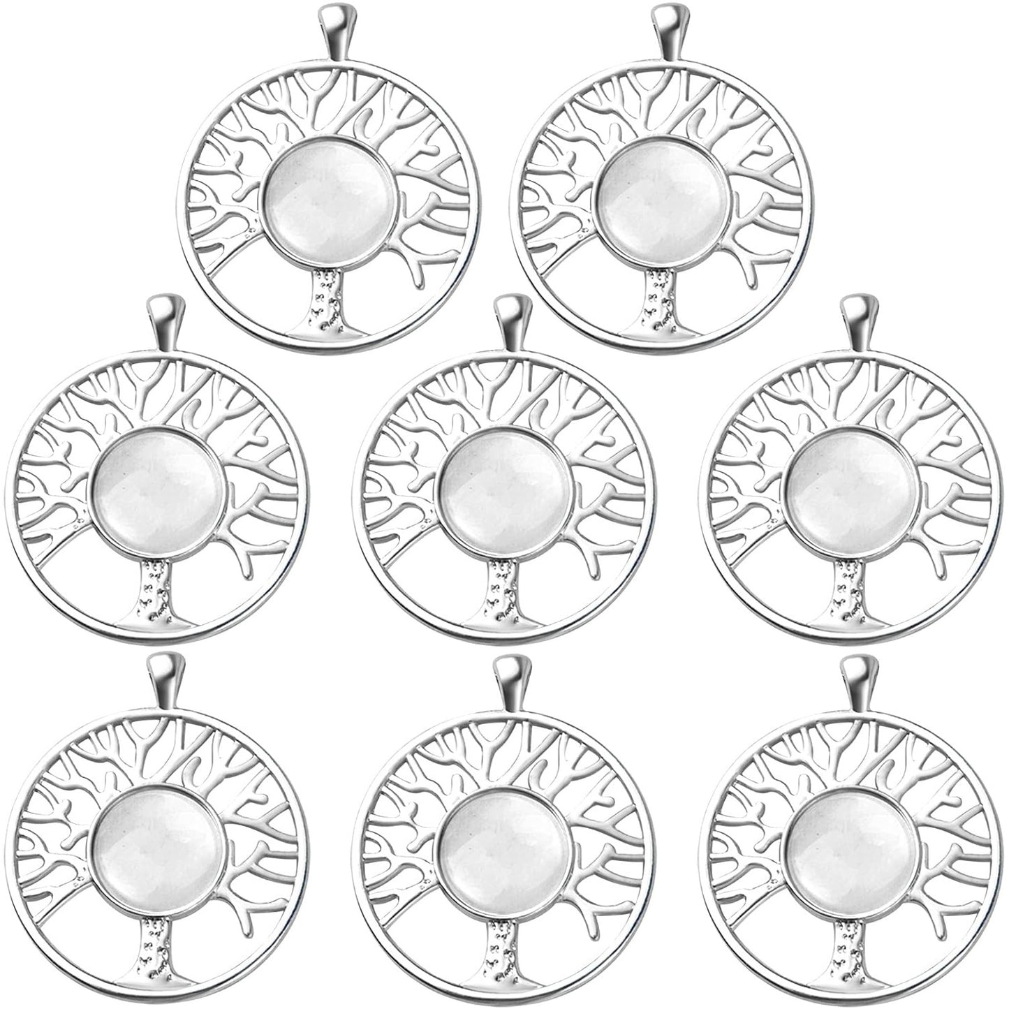 8 Sets 4 Colors Dream Catcher Pendant Trays Alloy Tree of Life Charms with Clear Dome Glass Cabochons for Photo Cameo Bracelet Necklace Jewelry Making Accessories