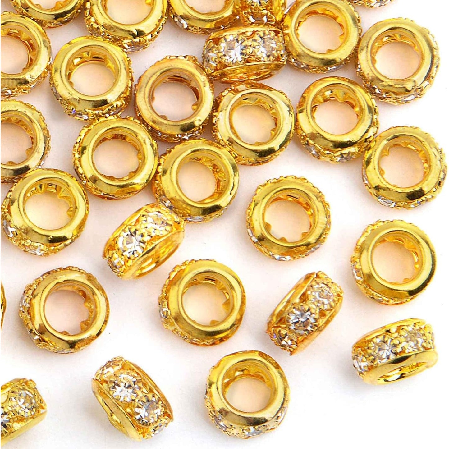 40pcs Rhinestone Rondelle Spacer Beads European Large Hole Beads Loose Charm Beads for DIY Bracelet Necklace Snake Chain Jewelry Making Decor, Bright Golden