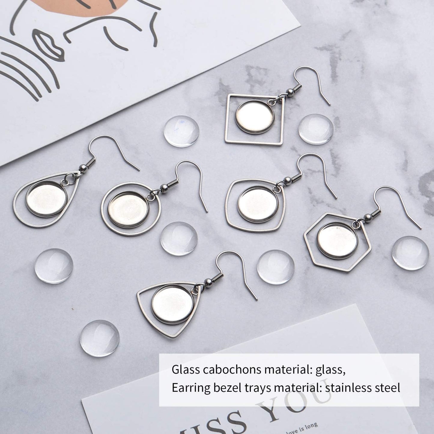 Earring Bezel Trays, 12pcs 12mm Stainless Steel Earring Bezel with Earring Blank Tray Wire Hooks Setting with 20pcs 12mm Clear Glass Cabochons for Jewelry Making DIY Craft