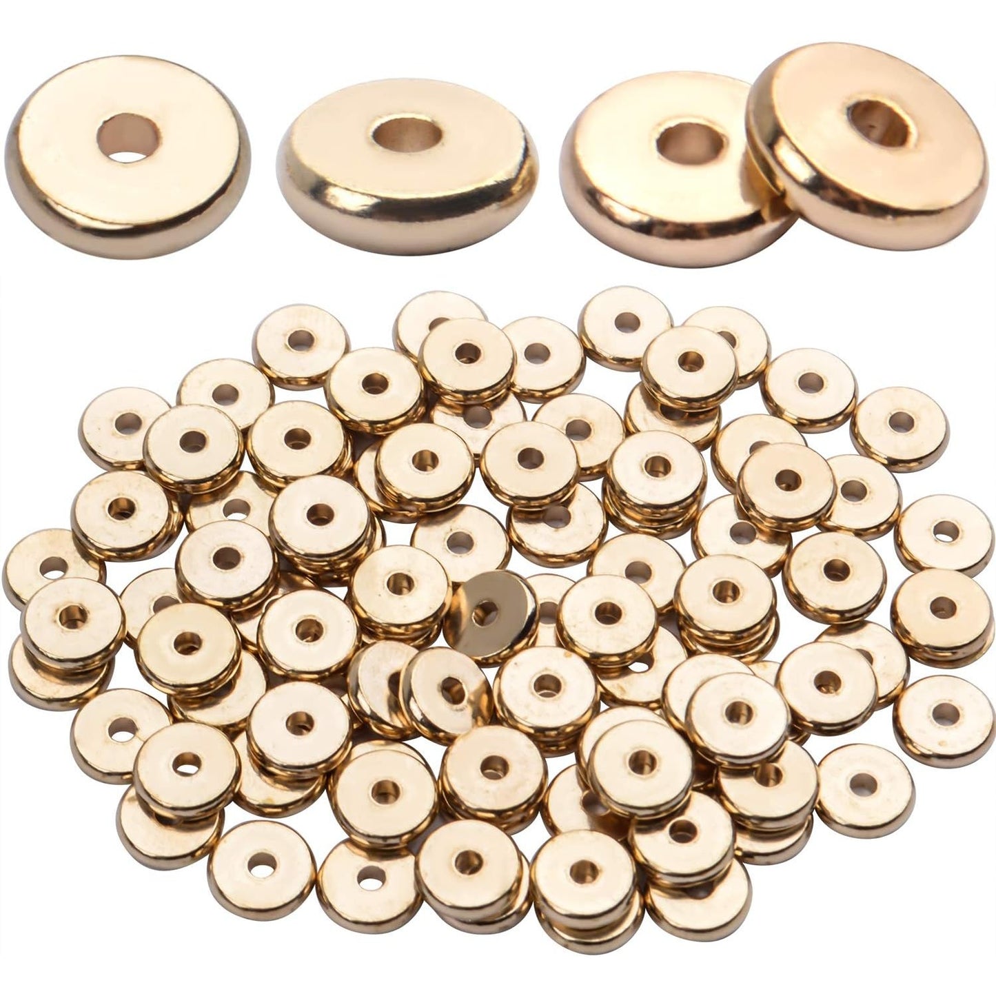 100pcs 8mm Flat Round Rondelle Spacer Beads Disc Spacers Loose Beads Jewelry Metal Spacers for DIY Bracelet Necklace Crafts,Gold