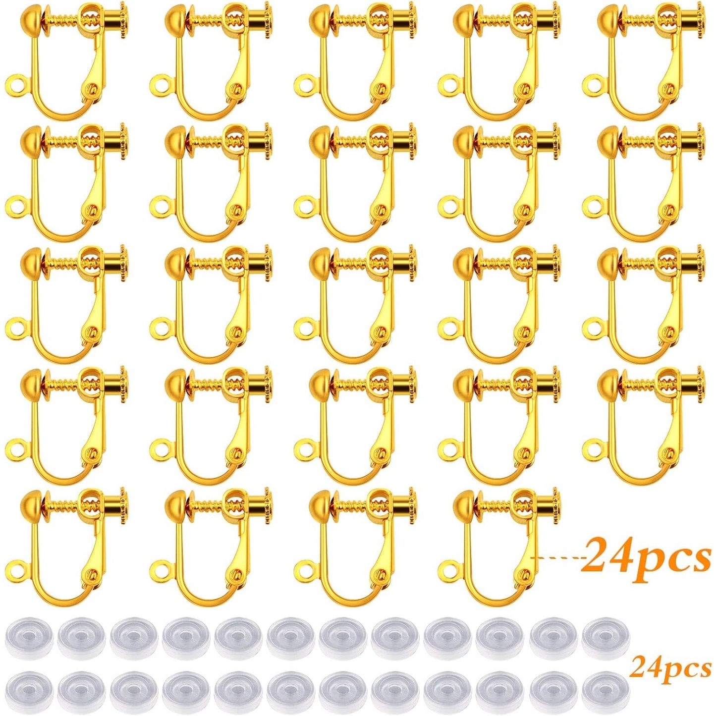 24pcs Golden Clip-on Earring Findings Components Brass Screw Back Ear Wire Earring Converters with Easy Open Loop and 24pcs Soft Earring Cushions Pads for Non Pierced Ears