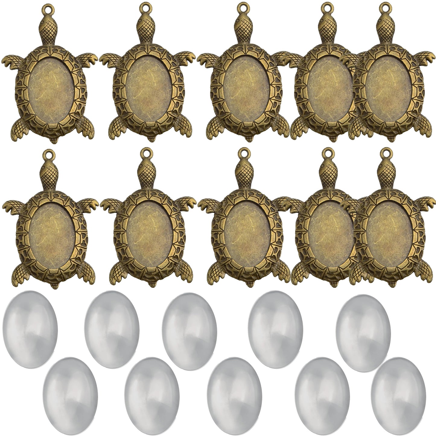10pcs 2 Colors Antique Turtle Bezel Pendant Settings Blank Turtle Pendant Trays with 10pcs Clear Oval Glass Cabochons Bases for DIY Art Crafts Photo Cameo Resin Jewelry Making