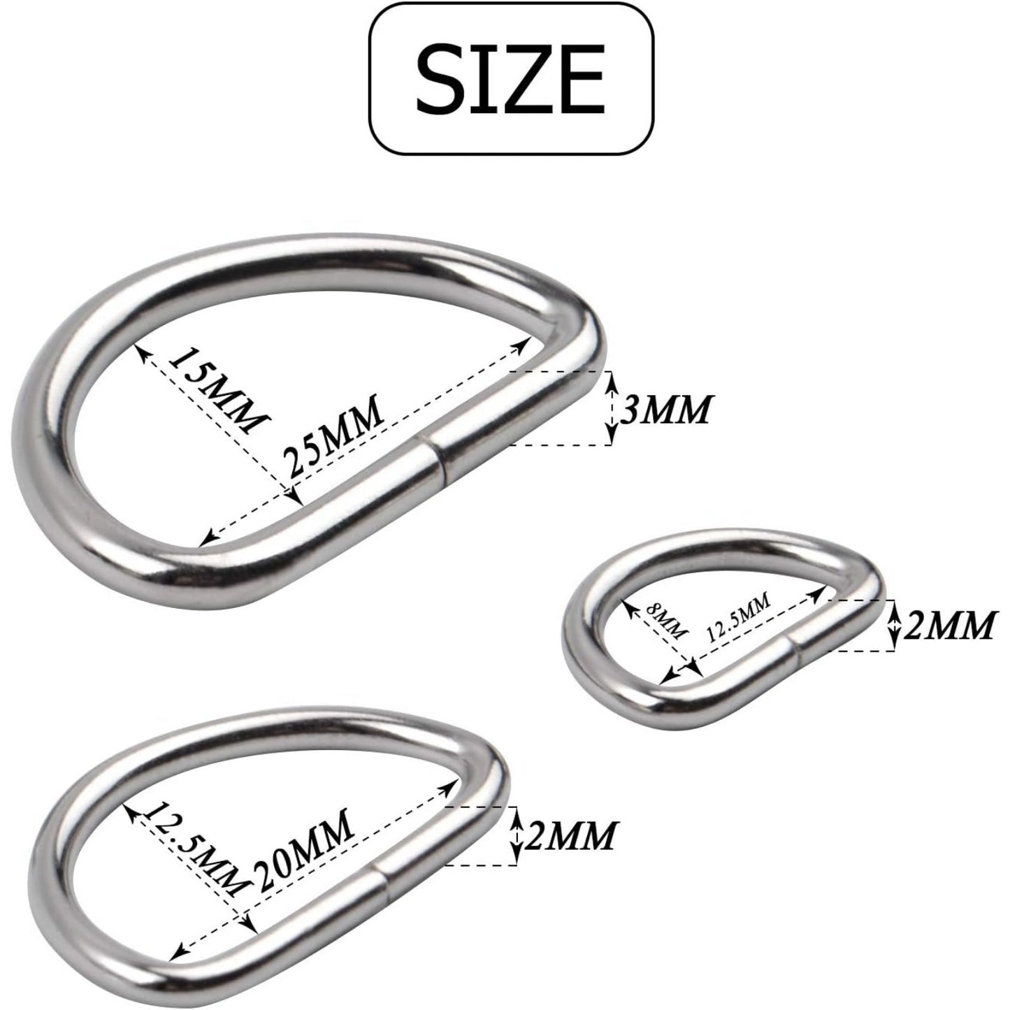 60pcs Assorted Multi-Purpose Metal D Ring Semi-Circular D Ring for Hardware Bags Ring Hand DIY Accessories - 1/2 Inch, 3/4 Inch, 1 Inch