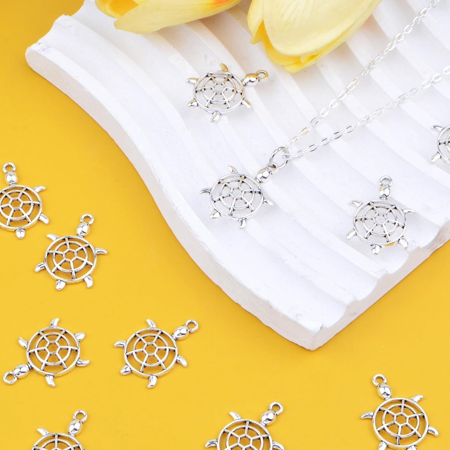 50pcs Antique Silver Hollow Sea Turtle Charms Tibetan Alloy Ocean Animal Sea Life Turtle Tortoise Pendants Accessories for DIY Necklace Bracelet Crafts Jewelry Making