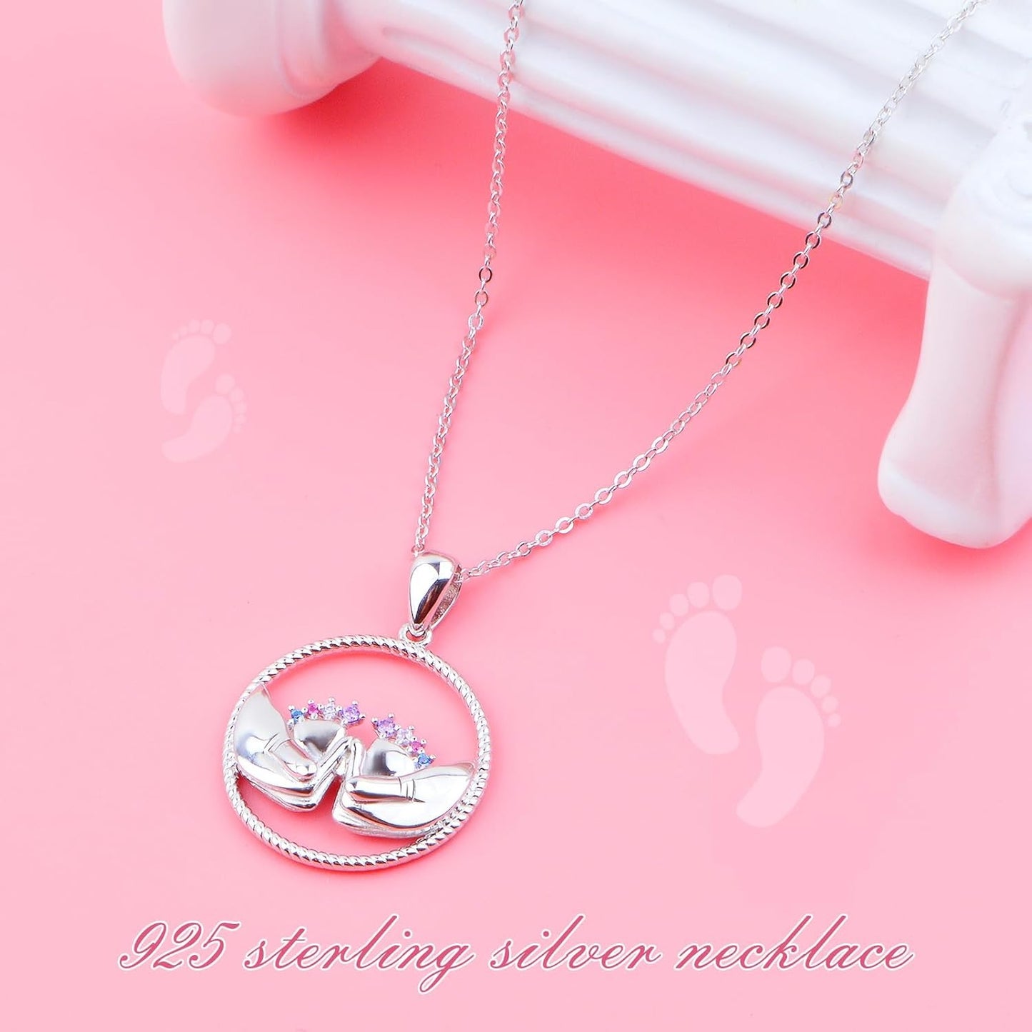 Mother Necklace 925 Sterling Silver Round Feet Mom Hold Feet Pendant Necklace with Colorful Cubic Zirconia Mother's Day Gifts for New Mom Wife