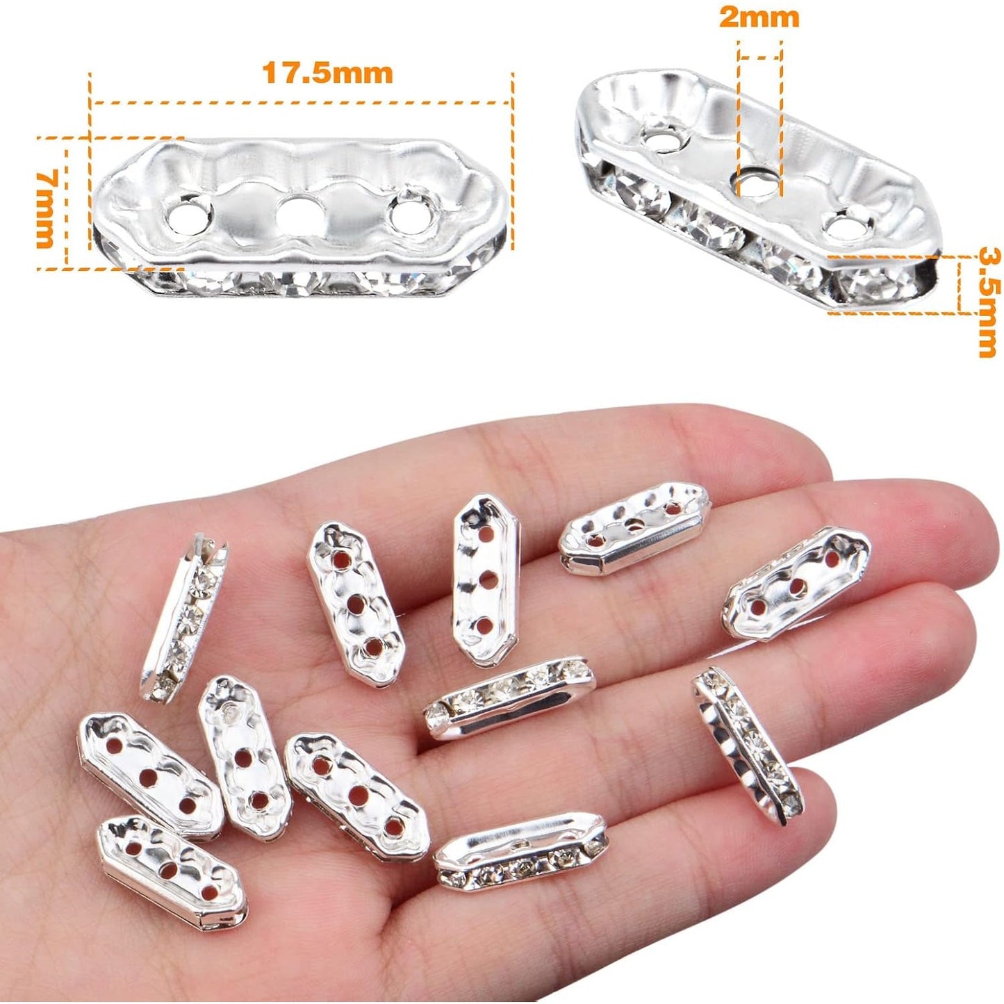 100pcs Silver Rhinestone Spacer Bars 3 Holes Crystal Spacer Beads Connector Loose Beads for DIY Multi Strand Bracelet Jewelry Making, 17.5x7mm