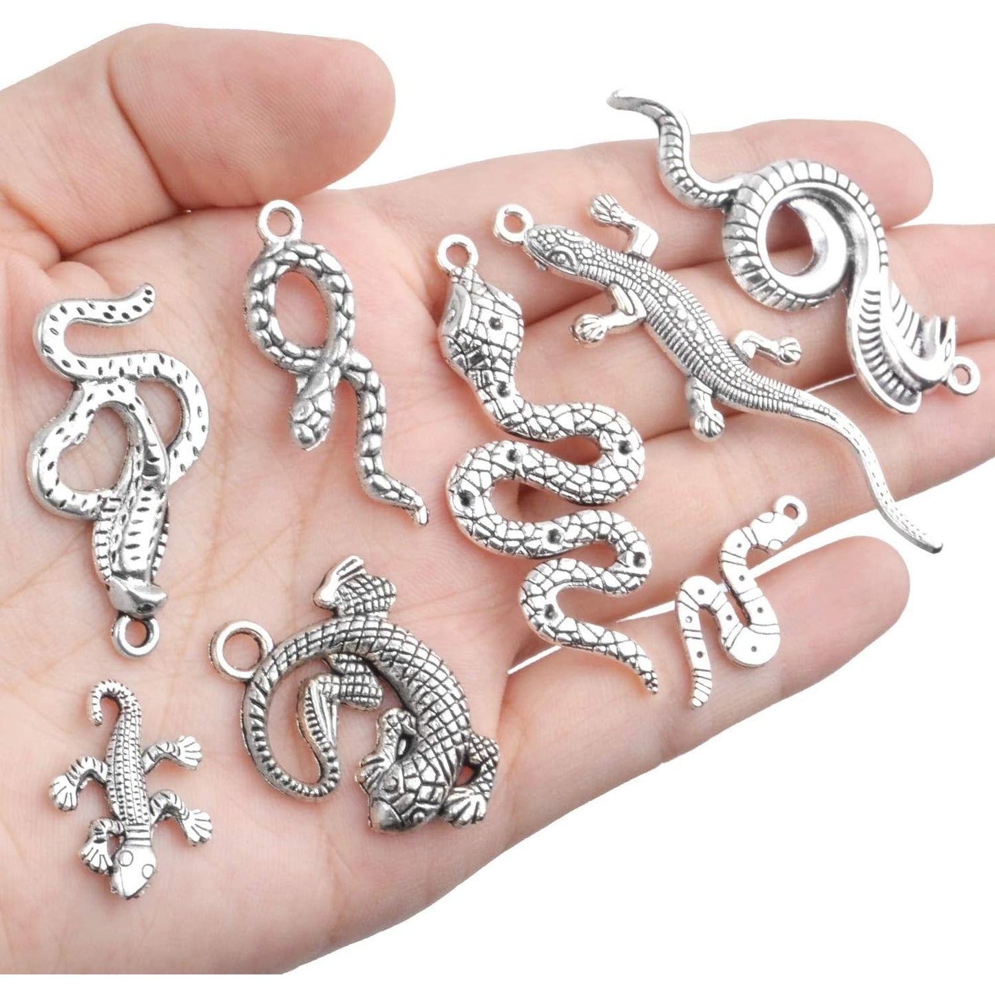 100g (About 25-40pcs) Antique Silver Snake Charms Assorted Serpent Pendants Lizard Charms Jewelry Accessories for Bracelet Necklace Earring Making