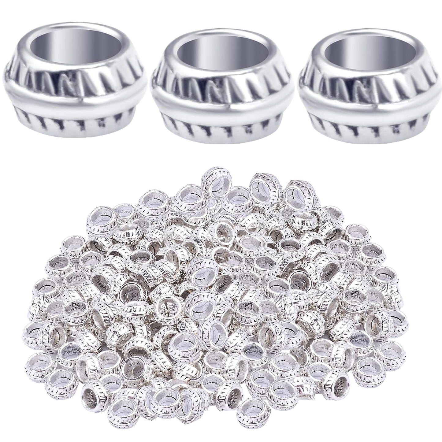 Large Hole Spacer Beads, 200pcs 7mm Round Beads European Alloy Spacer Bead Charms Craft Supplies for Bracelet Necklace Jewelry Making, Antique Gold, Antique Silver