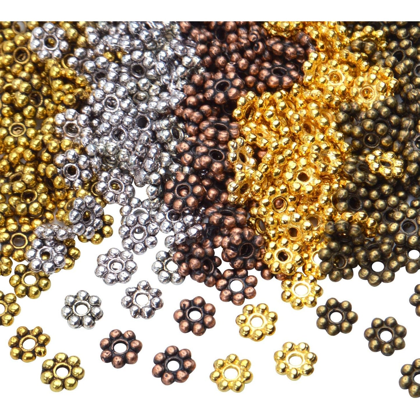BronaGrand 500pcs Metal Daisy Spacer Beads 5mm for DIY Jewelry Making (5 Colors)