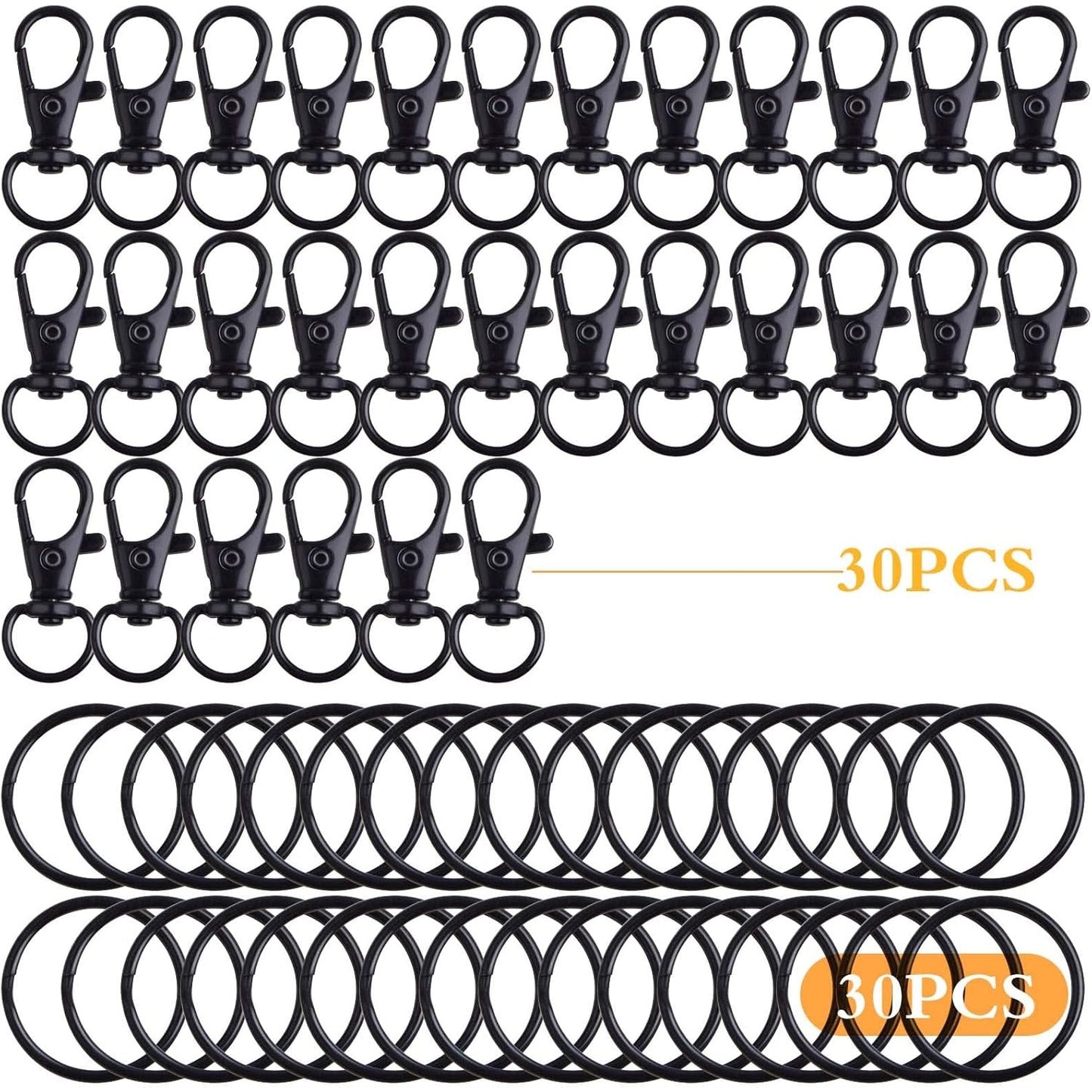 30pcs Swivel Trigger Snap Hooks Metal Keychain Clip Hooks Lobster Claw Clasps with 30pcs Key Rings for Keychains Lanyard Purse Handbag Craft Projects Decor, Black