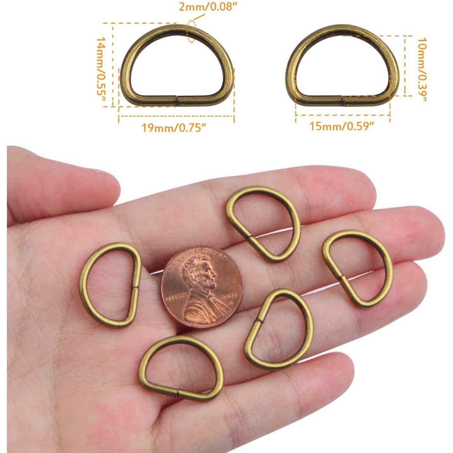 100pcs Metal Semi-Circular D Rings Heavy Duty Half Round D-shaped Rings Loop Buckle Hardware Accessories for DIY Clothing Backpack Belt Sewing Craft Projects, Bronze
