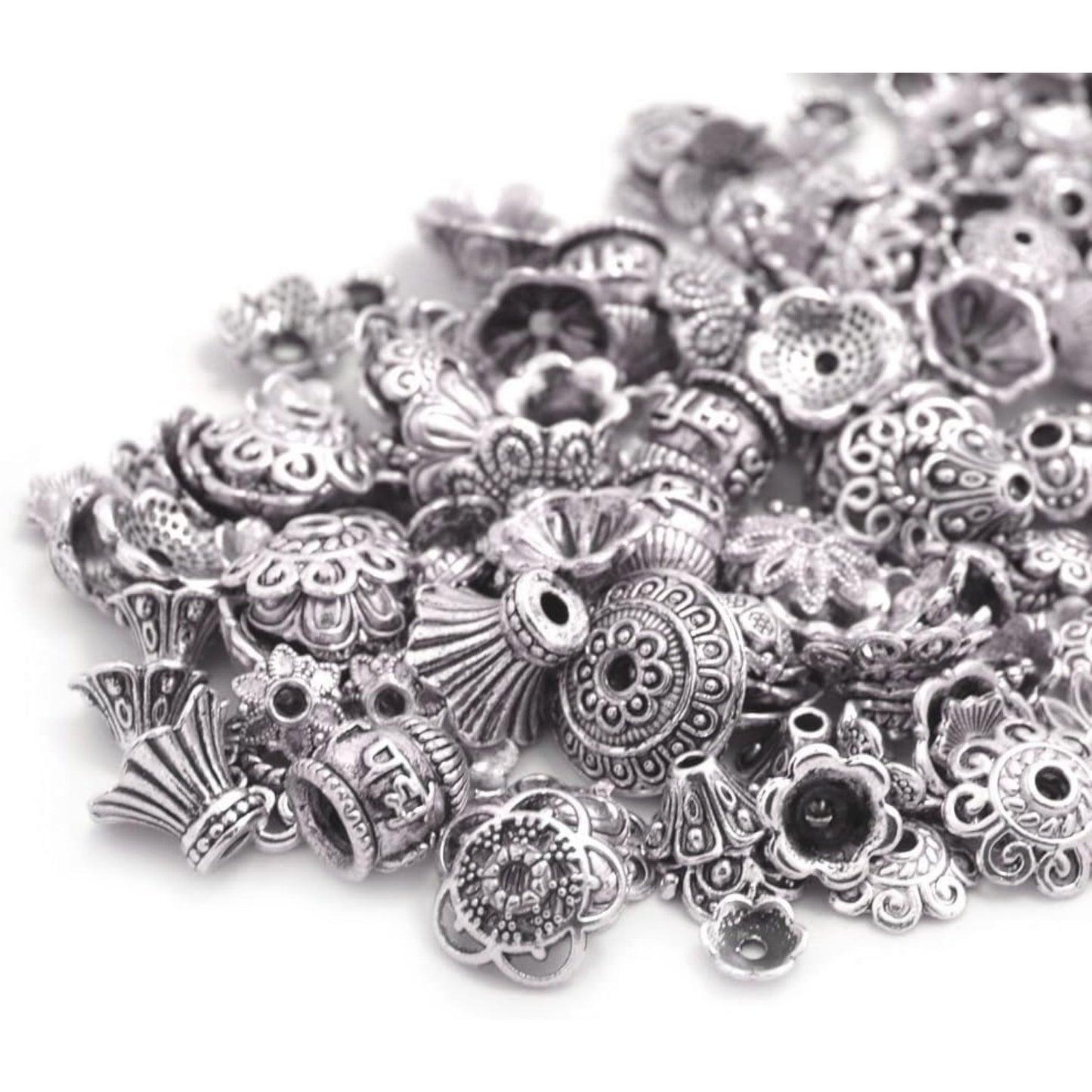 160-210pcs Bali Style Jewelry Making Metal Bead Caps Deluxe New Mix, 100 Gram,Tibetan Silver
