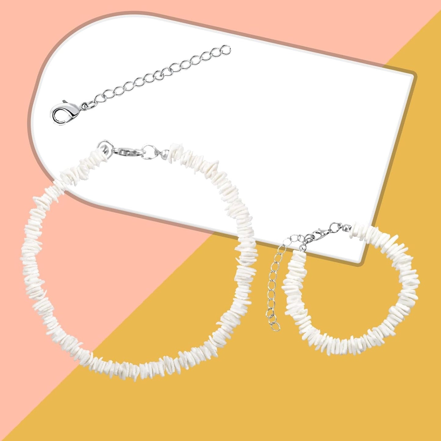 White Puka Shell Necklace Hawaiian Seashell Beach Surfer Choker Adjustable Handmade Beaded Summer Pooka Shells Clam Chips Necklace Bracelet Jewelry Set for Adult Teens Men Women