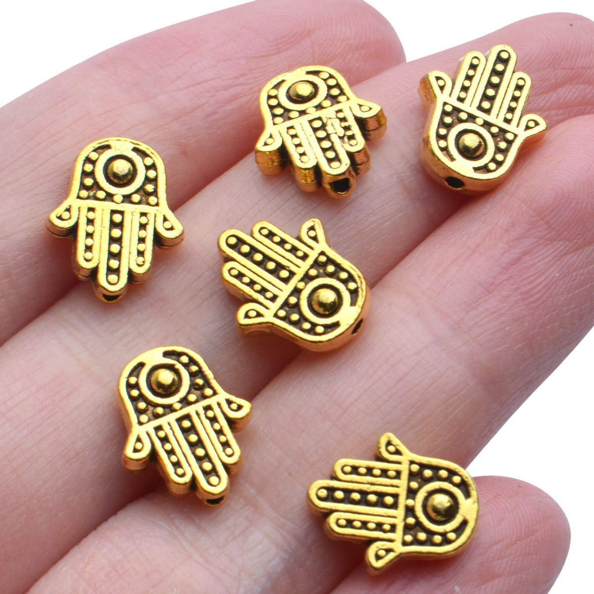 Hamsa Hand Beads, 100pcs Tibetan Alloy Fatima Hand Charms Bead Frames Spacers Craft Supplies for DIY Necklace Bracelet Jewelry Making, 12x10mm, Antique Golden