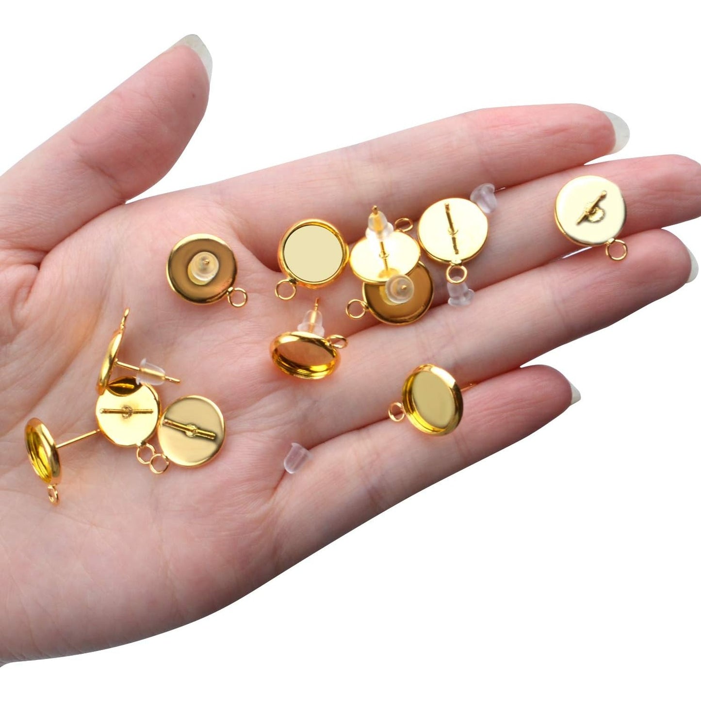 20 Pieces Cabochon Blank Earring Studs 10mm Ear Post and 20 Pieces Silicone Clear Ear Back for Earring Making (Gold)