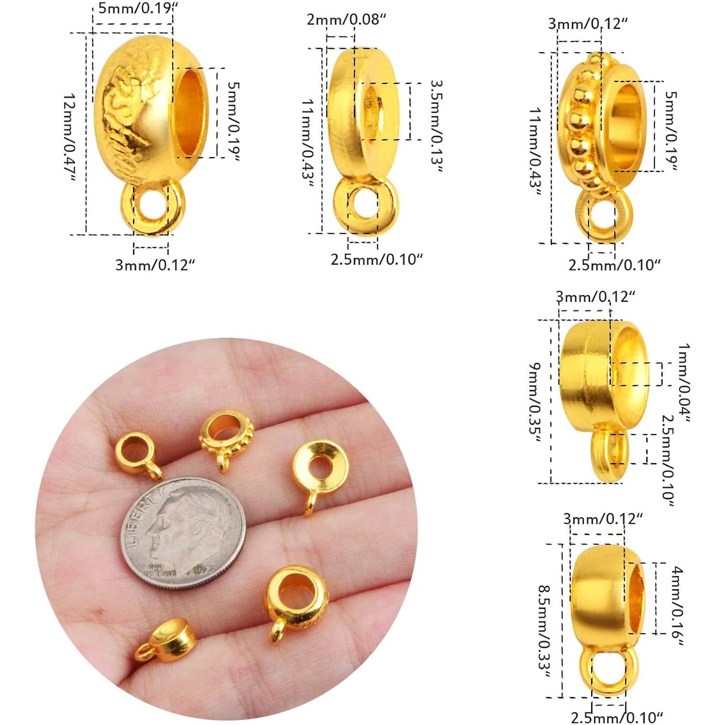 100 Gram Bright Golden Bail Tube Beads Mixed Alloy Bail Beads Connectors Rondelle Spacer Bead Hanger Links for DIY European Bracelet Pendant Jewelry Making, 5 Styles