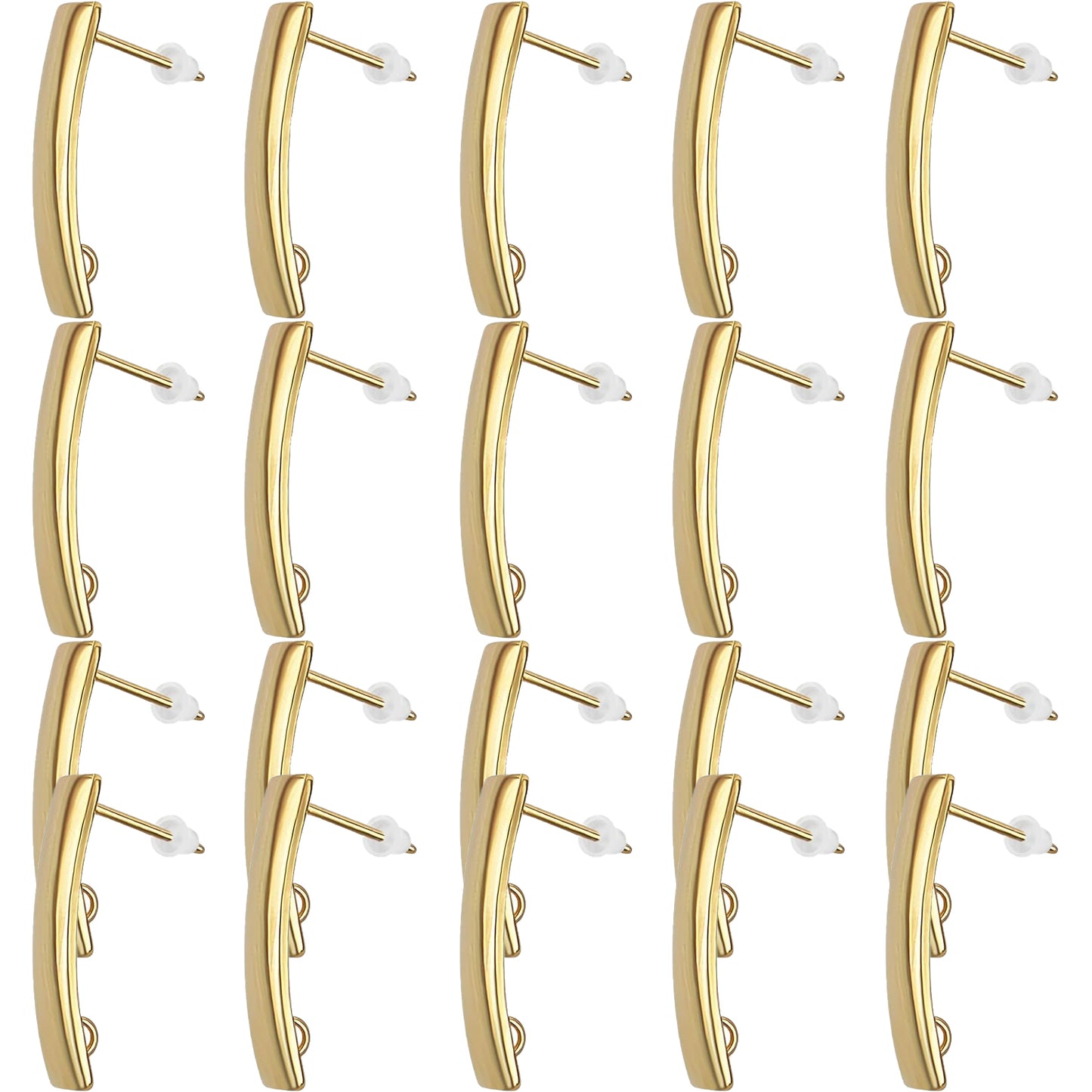 20pcs 2 Colors Stainless Steel Earring Posts with Loop Hypoallergenic Rectangle Stud Earrings Findings and 20pcs Clear Bullet Earring Backs for DIY Jewelry Making