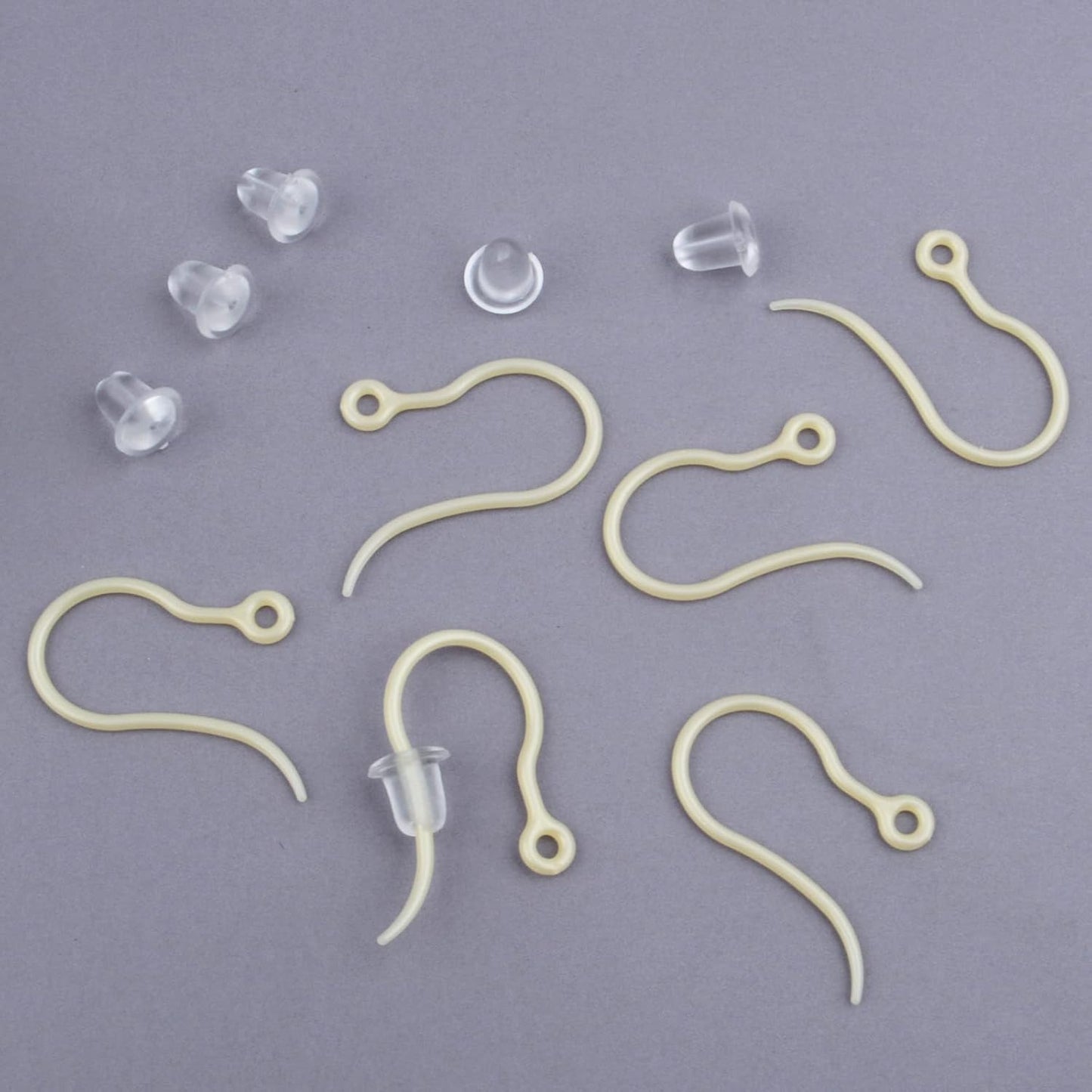 100pcs Golden Plastic Earring Hooks Fish Hooks with Loop and 100pcs Clear Bullet Earring Stoppers for DIY Jewelry Making Party Gifts Crafts Decor