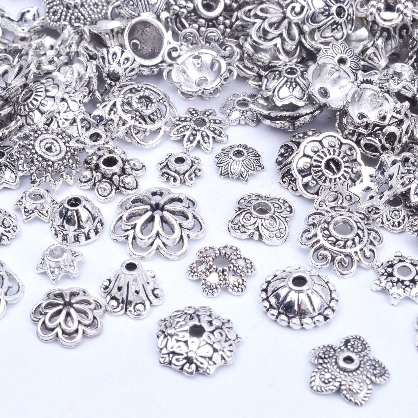 120g Bead Caps with A Clear Storage Box, Tibetan Silver Beads Spacers Jewelry Findings Accessories for Jewelry Making 300-350 Pieces