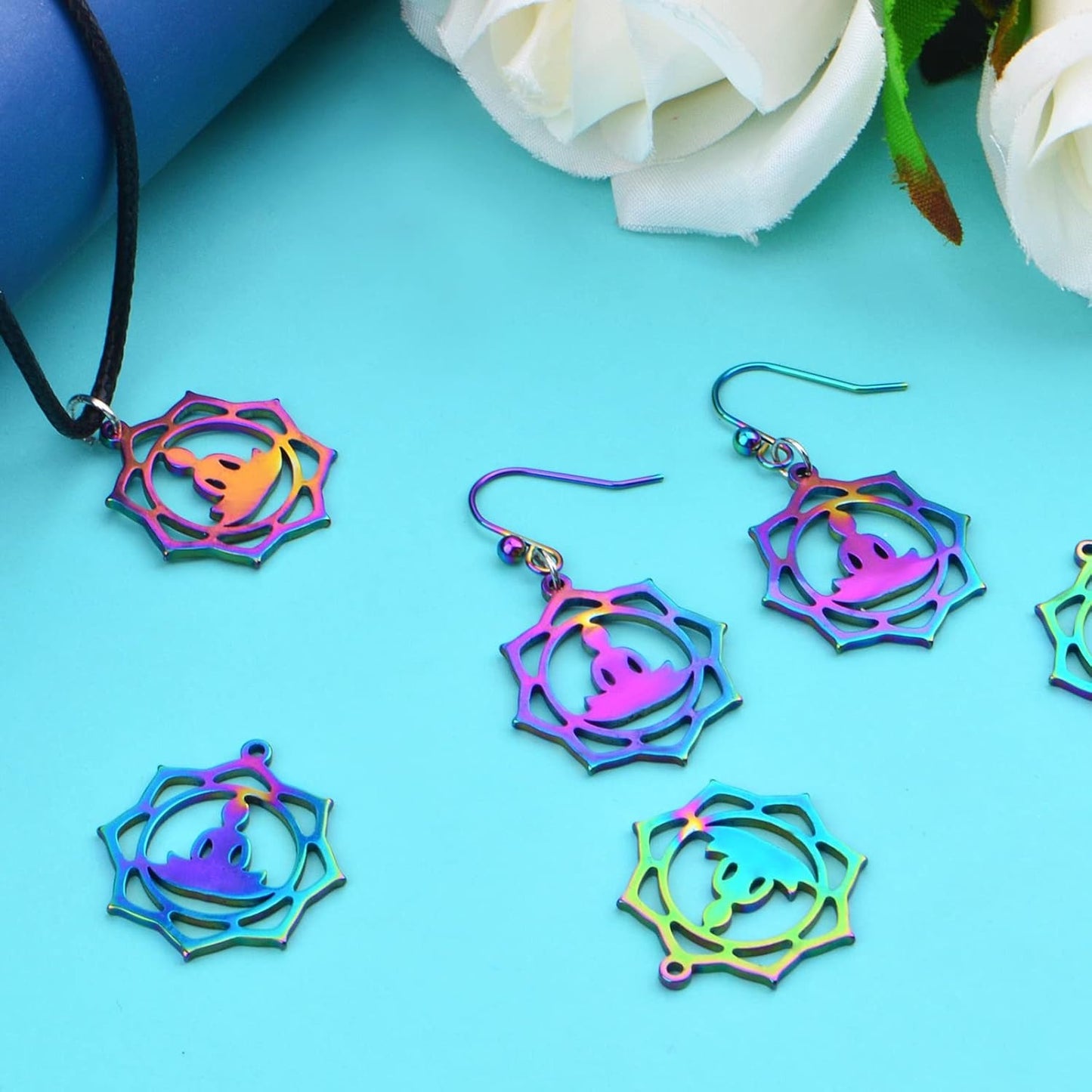 10pcs Stainless Steel Buddha on a Lotus Flower Charms Hypoallergenic Round Hollow Lotus Flower Buddhist Pendant Charms for DIY Necklace Earrings Jewelry Making Supplies, Rainbow Color