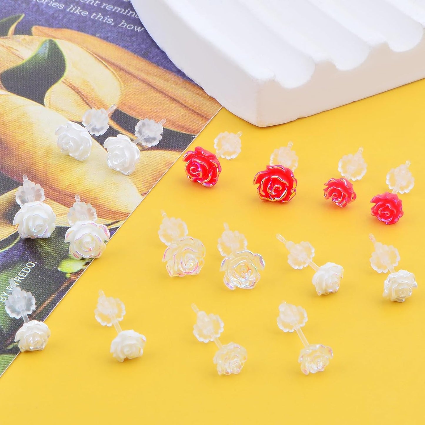 8 Pairs 4 Colors Resin Rose Flower Stud Earrings Romantic Rose Shaped Earring Pin Posts with Soft Earring Backs for Sensitive Ears DIY Jewelry Making Supplies, 6 mm/8 mm