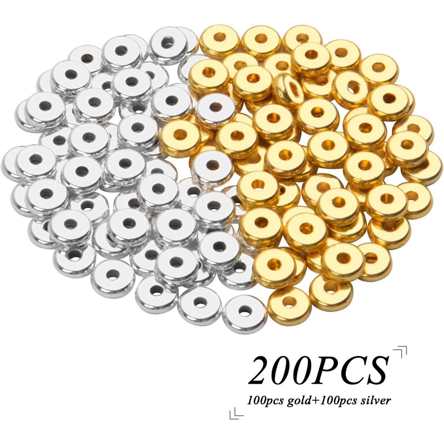 200pcs 8mm Flat Round Rondelle Spacer Beads Disc Spacers Loose Beads Jewelry Metal Spacers for DIY Bracelet Necklace Crafts,Gold and Silver