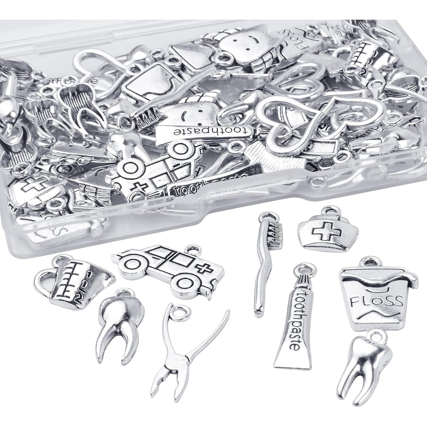 72pcs Antique Silver Healthy Tooth Teeth Charms Dentist Dental Hygienist Pendants with A Box Crafts Supplies for DIY Jewelry Necklace Bracelet Making