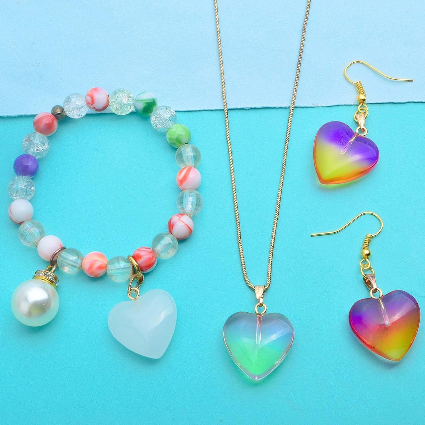 16pcs 8 Colors Heart Charms Transparent Spray Painted Heart Shape Glass Pendants with Golden Plated Metal Pinch Clasps for DIY Necklace Jewelry Making Valentine's Day Gift