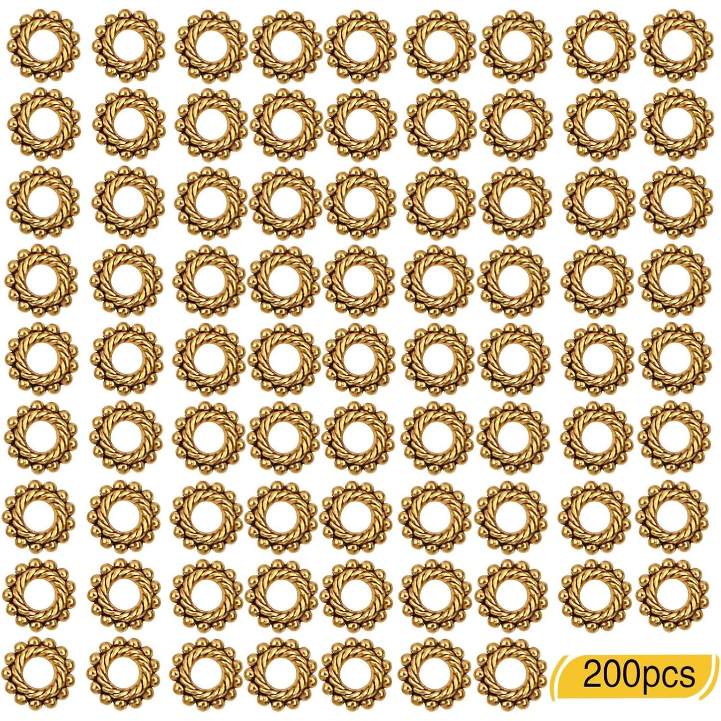 200pcs Round Gear Spacer Beads Tibetan Antique Golden Alloy Rondelle Loose Charm Bead Metal Spacers Accessories for DIY Bracelet Necklace Earrings Crafts Jewelry Findings