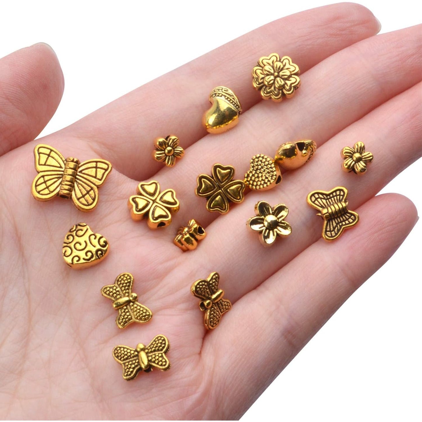 100 Gram(About 130-170pcs) Antique Gold Alloy Heart Butterfly Flower Beads Charm Bead Spacers Jewelry Findings Accessories for Bracelet Necklace Jewelry Making