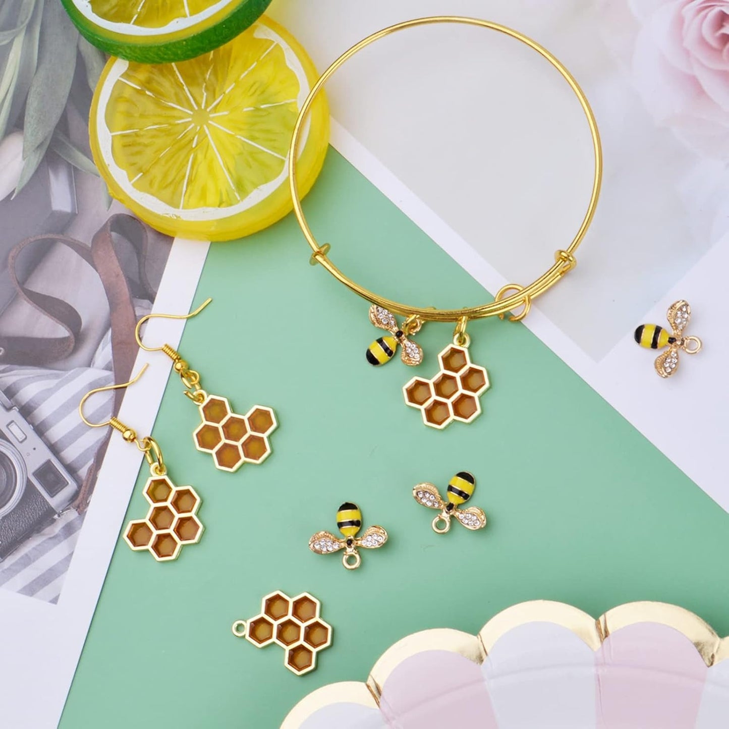 20pcs Enamel Bee Charms Honeycomb Charms Rhinestone Honey Bee Pendant Charms Craft Supplies for DIY Earrings Necklace Bracelet Jewelry Making Accessories